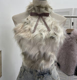 Real-Shooting Bow Hair Spliced Hanging Neck Vest Women In Autumn And Winter With Sleeveless Outside Wearing Short Babes Top 9309