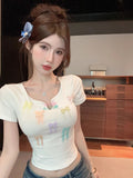 Dopamine Short-Sleeved Top Women's Summer 2026 New Shoulder Half-Sleeved Miu Pure Hot Girl Unique Beautiful T-Shirt