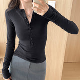 Sweet Hottie Long-Sleeved T-Shirt Women's Autumn 24024 New V-Neck Slimming Design Feeling