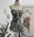 Real Shooting 2025 Spring And Summer New With Chest Cushions Dyed Mesh Sling Sling Vest Irregular Lotus Leaf Side Top 1139