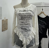 Spice Girl Letter Print Collar Long-Sleeved T-Shirt Girl Irregular Ribbon Ribbon On The Shoulder 2779