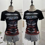 Vintage Rock Gothic 2025 Summer Dress Hole Design Feel Short-Sleeved Printed T-Shirt 26961