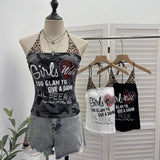 Real Shooting Babes Leopard Print Fake Two Sling Vest With Chest Cushion Hanging Neck Short Top 1592