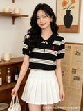 Vintage Style Stripe Polo Collar New British Style Summer Short-Sleeved Knitted Shirt Women's Casual Soft-Chamed Top