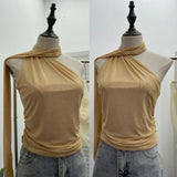 Real Shooting Mesh Ribbon Hanging Neck Folded Sleeveless Top Babes Two-Wearing Design Wrapping Bras 1125