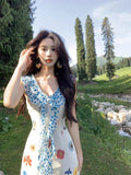 French-Print Lotus-Leaf Dress Girl Summer Temperament Seaside Holiday Hot Girl Unique Beautiful Waist Long Skirt