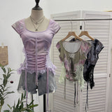 Heavy Industrial Lace Splicing Elastic Print With Bow Short-Sleeved T-Shirt 6185