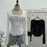 Real Shooting Square Zipper Open Shirt Design T-Shirt Bottoming Shirt Girl Body Short Hot Girl Hair Coat 2679