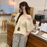 2026 Early Spring Korean Loose Lazy And Relaxed Bat Short-Sleeved Knitted Shirt Girl Into The Autumn Shoulder Inclined Shoulder