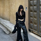 Spice Girls Vintage Black Hooded Korean Edition Autumn Slim Short Blouse Woman's New Small Design Sense