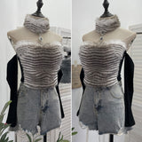 Real-Patrowing High-Necked Sexy Leopard-Print Hair Spliced Hanging Neck Long-Sleeved T-Shirt Repair Short Top 28111