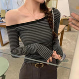 Korean Babes Oblique Shoulder Design Gray Striped Long-Sleeved T-Shirt Girl In Early Autumn To Play With A Bottom Shirt