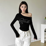 Letters Hot Diamond Collars With Long-Sleeved T-Shirts For Women's Folds Slimy Hottie Tops