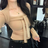 Temperament Square Tie Design Feel White Inside The Bottom Shirt Women's Autumn And Winter 2025 New Long-Sleeved T-Shirt Short Top