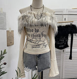 Real Shot Hair Collar Print Shoulder Horn Long-Sleeved T-Shirt Repair Short Picties Shoulder Grinding Top 1368