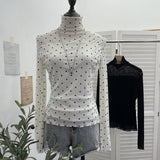 Real Shooting With Thin Velvet Lining Of The Bottom Shirt Wave Dot Mesh Long Sleeve With Top Collar Slim T-Shirt Woman 2801