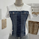 Unique Splicing Denim T-Shirt Girl Summer New Design Sense Short Fake Two-Piece Top Tide 8925