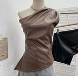 Sexy One-Shoulder Sleeveless Vest Pu Leather Side Zipper Repair Short Sleeveless Top 8116