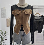 Real Shooting Of The Fur-Sided Denim Splicing Zipper Fake Two-Piece Mesh Top-Tuned Short Perspective T-Shirt 8990