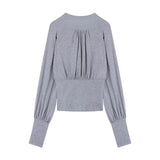 Design-Sensitive Gray Half-Necked Long-Sleeved T-Shirt Blouse Women's Spring 2026 New Korean Linen Shirt