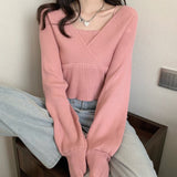 Korean Version Of The 2026 Spring And Autumn New Design Sense French Small Collection Waist Thin Two Open Shoulder Long-Sleeved Knitted Shirt Woman