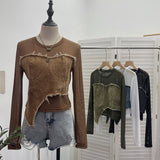 Design Feel Niche Cowboy Splicing Long-Sleeved Mesh T-Shirt Girl Summer Round Collar Dress Short Top 2617