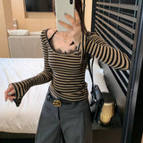 Small Design Lace Side Hanging Neck Striped Long-Sleeved T-Shirt Woman 2025 New High-End Non-Framming Shirt Top