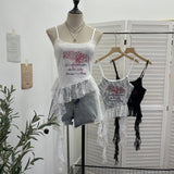 Real Shooting 2025 Summer New Women's Fashionable Lace Letter Print Sling Vest Ribbon Ribbon Ribbon Sleeveless Top 1193