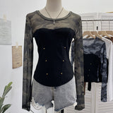 Small Personality Camouflage Mesh Spliced Long-Sleeved T-Shirt Short Repair Cloth Woman 8107