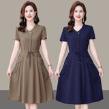 Middle-Middle-Age Women 2026 Summer New Gas Dress Short-Sleeved Temperament Pure Mother Dress Tie With Thin Waist