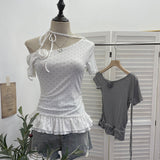 Real Shooting Pop Point Tie With Hanging Neck Slanted Shoulder Short Sleeve Blouse With Elastic Short T-Shirt Girl 2850