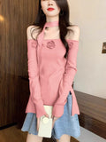 Pure Three-Dimensional Flowers Shoulder-Opened Long-Sleeved Knitted Shirt 2025 Autumn New Slim Top Woman Tide