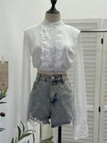 Short-Term Umbilled Flower Long-Sleeved Shirt Spliced Lace Lotus Side Single Row Buckle Chiffon Shirt 23810