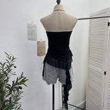 Real Shooting Retro Letter Print Bump Color Palette Vest Body Splicing Mesh Yarn With Hottie Top 8089
