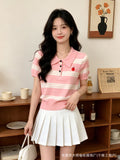 Vintage Style Stripe Polo Collar New British Style Summer Short-Sleeved Knitted Shirt Women's Casual Soft-Chamed Top