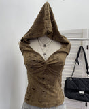 Wasteland Wind Retro Hooded Sling Vest Hole To Make Old Kinesy Low-Chests Hottie Sleeveless Top 9620