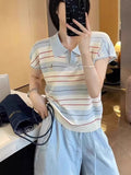 Collider Striped Polo Shirt Over Small Flying Sleeve Knitted T-Shirt Women's Summer Design Sense Age-Supling Embroidery Loose Top