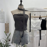 Lace Side Splicing Suit Single Buckle Jacket Head Ribbon Bra Strap Bra With Chest Pad Short Top 8129