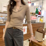 Design Sense Niche Collar Repair Inside The Middle Sleeve Knitted Shirt Spring 2025 New Body Repair V-Neck Top