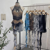 Trend Irregular Hanging Neck Dyeing Net Yarn Vest Lotus Side Ribbon Short Sleeveless Top 9969
