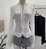 Real Shooting Retro Texture V Tie With Bubble Long Sleeves To Close Waist Folded Shirt Single Buckle Repair Body 23775