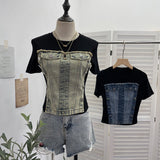 Unique Splicing Denim T-Shirt Girl Summer New Design Sense Short Fake Two-Piece Top Tide 8925