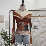Vintage Oil Painting Print Collar A Word Twisted Folded Short-Sleeved Trumpet Blouse 9907