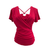 Real Shooting Cross-Design Hanging Neck Beads Folded Emptiness T-Shirts For Women's Sense Of Fake Two-Piece Top 27671