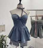 Real Shot With Chest Cushion Denim Sling Vest With Bow Hanging Neck Short Twiping Boat Blouse Woman 2611