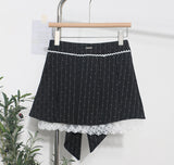 Real Shooting Leg Long Skirt Love Print Splicing Lace A Word 100 Folds Thin Bow Half-Dress Skirt 9339