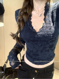 Light-Cooked Wind Sexy V-Neck Lace Hollow Bottoming Shirt Woman 2026 Spring And Autumn Hong Kong Hottie Repair Long-Sleeved Tops