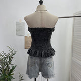 Real Shot With Anti-Slip Strip Tie Dyed Hole Design Dark-Smear Bra Waist Loaf Side Short Top 2709