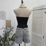 Real Shot With Chest Pad Water Washing Denim Breast Vest Bright Crystal Crystalline Wearing Rope With Short Sleeveless Top Woman 2856