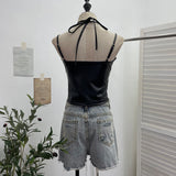 Real Shooting Locomotive Punk Pu Splicing Fishing Net Hanging Neck Sling Vest Babes Wearing Rope Repair Short Blouse 8106